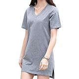 [クカキ] ロングtシャツ レディース 半袖 vネック 無地 ティーシャツ 綿 ワンピース ミニ カットソー tシャツ 夏服 ワンピ 半袖tシャツ ロング グレー 白 黒