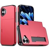 【SUMart】iPhone 16 用 ケース カード収納 スライド式 カードホルダー 耐衝撃 デュアルレイヤー ハイブリッド ウォレットケース ハード カバー (レッド, iPhone 16 6.1インチ)