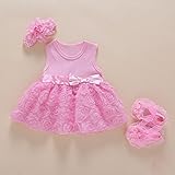 Liebeye 赤ちゃんドレスセット 女の子 幼児 レース ヘッドバンド 靴 かわいい ピンクの半袖ローズドレス+靴+ヘアバンド 12M：推奨9〜12ヶ月