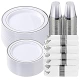 350 Piece Silver Plastic Dinnerware Set for 50 Guests, Fancy Disposable Plates for Party, Include: 50 Dinner Plates, 50 Dessert Plates, 50 Pre Rolled Napkins with Silver Silverware, 50 Cups