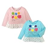 (サックス/95cm)ベビー服 女の子 Tシャツ 長袖 裾フリル 花柄プリント ドット柄 女児 ベビー