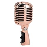 クラシックレトロダイナミックボーカルマイク、オールドヴィンテージスタイル単一指向性カーディオイドマイクセルフテンション回転、ダイナミックボーカルマイクKTV用ライブパフォーマンススタジオ録音 (ローズゴールド)