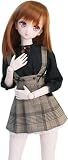 【Petite Marie】 1/3 DD対応 ジャンパースカート 茶リボン付き 黒ブラウス 2点セット 茶 ベージュ チェック ブリティッシュ グレンチェック ジャンスカ 60cm ドール BJD 人形服 【プティットマリエ】 [No.0149]