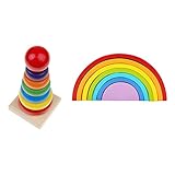 monkeyjack 2セットパック教育レインボーリングタワーStacking Blocks & Stacking Rainbow子初期学習木製玩具ギフト