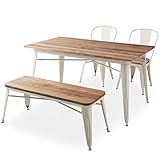 LOWYA （ロウヤ） 【 ビンテージ タイプ 】 ダイニングセット ダイニングテーブル 4点セット 天然木 スチール脚 幅140cm ベンチタイプ おしゃれ ヴィンテージホワイト