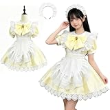 [AOTYP] メイド服 コスプレ コンカフェ メイド レースフリフリ ショート丈 メイドコスチューム ハロウィン仮装 メンズ セット 一式 こすぷれ イベント パーティー 大人 女装 大きいサイズ ハロウィン 学園祭 撮影 オタクダンス イエローL