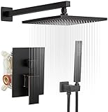 BWE シャワー蛇口 オイルラブドブロンズ 12インチ 正方形 バスルーム ラグジュアリー レインミキサーシャワーコンボセット 2機能 壁マウント レインフォールシャワーヘッドシステム ラフインバルブボディとトリム付き