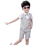 Ymgot 子供 フォーマル スーツ 男の子 半袖 チェック柄 3点セット 結婚式 誕生日 パーティー 七五三 記念日(100cm, グレー)