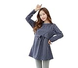 Asia Color 授乳服 産前 産後 妊婦用 リボン ボーダー パジャマ 重ね着風 マタニティ トップス 授乳口付 (M-L, ネイビー)