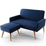 ソファ カウチソファ ハイタイプ 天然木脚 オットマン付 2人掛け コンパクトサイズ ファブリック ネイビー