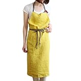 [umeluck] エプロン リネン カフェ風 おし長さ調節可能 シンプル ポケット付き 家庭用エプロン (イエロー)