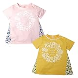 (イエロー/90cm)子供服 女の子 Tシャツ 半袖 サイド花柄切替 スナップボタン Aライン 襟レース 女児 ベビー