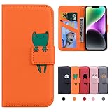 CASAFUNY iPhone14 ケース 手帳型 iPhone 14 手帳 カバー iPhone14 手帳型ケース アイフォン14 ケース 携帯ケース iPhone14 case あいふぉん14手帳型ケース マホケース 携帯カバーカード収納 内蔵マグネット式 スタンド機能 肌感PUレザー 軽量 衝撃吸収 放熱性 防水ノート型 お洒落 手帳 (6.1 inch対応) オレンジ色のカエル
