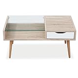 テーブル センターテーブル 収納 ガラス天板 リアル木目 引き出し ナチュラル Mタイプ ホワイト×オーク