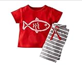 ツバメ--屋　ベビー服 上下セット 半袖トップス tシャツ ショートパンツ ボーダー柄 セットアップ キッズ 柄プリント 男の子 男児 夏着 可愛い (90, レッド)