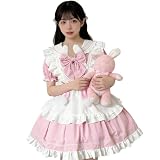 [FULINE] メイド服 コスプレ 仮装 ロリータ 半袖 コスチューム 9点セット レディース ワンピース セーラー襟 エプロン カチューシャ 大きいサイズ コンカフェ ハロウィン 文化祭 撮影 イベント pink M
