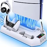 PS5/PS5 Slim/PS5 Pro 対応 縦置きスタンド, 【3段階風速調整可能冷却ファン】, デュアルコントローラー充電ステーション, ヘッドセットホルダー, 3つのUSBハブ付き, 過熱対策, 過充電防止, 指示ランプ付き, マルチ機能冷却充電スタンド, ホワイト