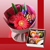 還暦祝い・退職祝い レッド花束＆ヘルシーカラフルスイーツ5個 誕生日プレゼント メッセージカード付