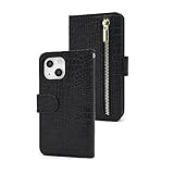 スマホケース アイフォン iPhone 13 mini用 クロコダイルレザーデザイン 手帳型 ストラップ カードポケット (ブラック)