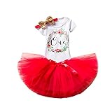 三番目の店　3PCS 赤ちゃんの女の子の満一歳誕生日パーティーの衣装　プリンセス　ちょう結び　ロンパー+スカート+ヘッドバンドセット (花＃レッド)