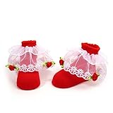 PUERI ベビー 靴下 新生児　ソックス　レース付き　プリンセス 女の子 新生児　可愛い　ソフト　出産祝い　100日祝い (レッド)