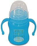 Glass Baby Bottle with Silicone Sleeve (4 oz., Blue) Wide Neck and Stage 1 Nipple by Runaby