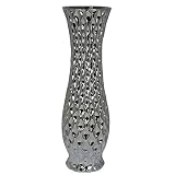 Essential D?cor Entrada Collection Ceramic Vase with Honeycomb Texture Accent, 23.5 by 7-Inch, Silve