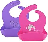 防水シリコンよだれかけ100 % Pure Platinum LFGBシリコン。Noフィラー。 S マルチカラー Silicone-Bib-2-Pack-Pink-Elephant