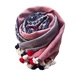 [.a all over the world] ポンポン ストール 綿 100% 大判 刺しゅう 春夏 コットン スカーフ レディース (ブルー×ネイビー)