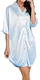 KIRITOA(キリトア) 美光沢 サテン ロング シャツ パジャマ (M, ライトブルー)