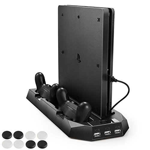 PECHAM PS4 & PS4 Slim 両用 多機能縦置きスタンド ファン有 コントローラ2台充電 USBハブ3ポート ブラック