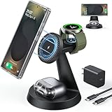 Meifigno Samsung用3 in 1磁気ワイヤレス充電器、Galaxy S26 S25 S24 S23 Ultra Plus/Z Fold/Flip 7/6/5、Galaxy Watch Ultra/8/7/6/5/Pro、Galaxy Buds/Pro用高速マグネットセーフ充電スタンドステーション、PD 20Wアダプター付き