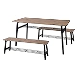 NORTE ノートル ダイニング3点セット　テーブル＋ベンチx2　(モダン,木製,スチール,机,ベンチ,食卓,棚付き,おしゃれ,シンプル)