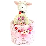 出産祝い ベビーギフト granpapa（グランパパ） おくるみブランケット 木のラトル HEIMESSのおもちゃ ひつじのラトルぬいぐるみ ファーストケーキ ギフトセット 男女兼用 (ピンク)