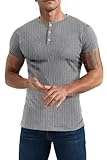 [Yewloch] メンズ カットヘンリー半袖スリムマッスルストレッチスポーツフィットネスカジュアルファッションリブウォーム Tシャツ(GreyL)