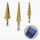 5768 ~ タケノコドリル 3本セット ケース付き 3~12ｍｍ 4~20ｍｍ ステップドリル ビット インパクトドライバー 対応 穴あけ 面取り バリ取り 六角軸 タケノコドリル,ゴールド