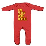 (フロソ) FLOSO 赤ちゃん・ベビー用 Eat Sleep Poop Repeatプリント 長袖ロンパース ボディースーツ オールインワン スリープスーツ (6-12ヶ月) (レッド)