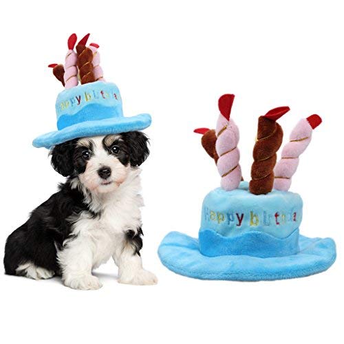 ペットの誕生日帽子、かわいい犬の誕生日帽子 ケーキとキャンドルのデザイン 猫と子犬のパーティーの衣装のアクセサリー (ブルー)