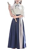 OCHENTA レディース ガールズ 春夏秋　中国伝統風　漢服　学生向け　カジュアル　可愛い　綿　2セットトップス+スカート　ワンピース ブルー　M