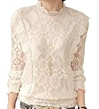 [GIVEK] ハイネック レースブラウス 長袖 レディース 白 春夏用 トップス 刺繍 フェミニン 細身 シルエット (M Medium)