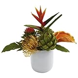Nearly Natural 4820 Tropical Floral Arrangement with White Glass Vase, Green by Nearly Natural