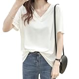 [SLEEPSINERO] tシャツ ティーシャツ レディース 半袖 【上半身の厚みを隠す！Vネックで痩せ見え】 レディーストップス オーバーサイズ ゆったり 透けない 吸汗速乾 通気 夏服レディース カットソー 長め おしゃれ (M,ホワイト)