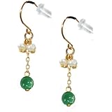 ピアス18金 レディース 緑 グリーン インド翡翠 真珠 パール ピアス 18金引っ掛け式フックピアス k18ピアス キャッチ付 揺れる ロング シンプル