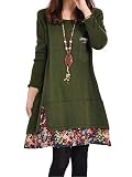 VONDA レディース 花柄 重ね着風 ワンピース Aライン 長袖 膝丈 チュニック ドッキング S-5XL グリーン L