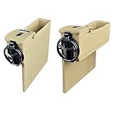YIFAN 車用シートサイド レザー ウッド ステンレス シートサイド収納ポケット PC 両側 車用 多機能 収納ボックス 携帯 オカップホルダー付き サイドポケット　2個セット　ベージュ