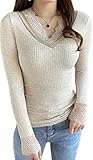 [GIVEK] レディース トップス 裏起毛 ニット Vネック 長袖 プルオーバー 上品 レース ストレッチ 秋冬用 セーター (フリーサイズ, ベージュ)