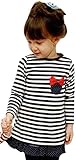 FireflyShop 子ども服 ボーダー カットソー ワンピース 女の子 長袖 ワンピ リボン ティアード フリル ドレス (f 青 100)