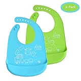 INCHANTベビーよだれかけ - 食品キャッチャーポケット付き防水ロールアップの幼児のビブ - 食品グレードシリコン、BPAフリー、ソフト＆調節可能なネックバンド、簡単にきれいに拭いて、2色のセット