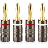 Chicer バナナプラグ ソルダーレス 24K金メッキ 12AWG‑18AWG対応 赤白ライン バナナプラグセット (2)