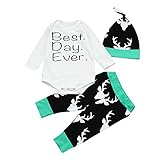 (プタス)Putars ベビー服 子供服 ロンパース 上下セット 女の子 男の子 長袖 鹿柄 BEST DAY EVER 帽子付き 可愛い 秋 冬 新生児 歩行服 出産お祝い 記念日 プレゼント 0-